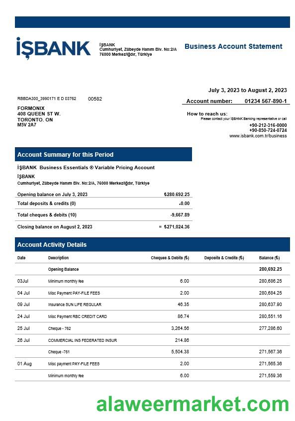Isbank corporate checking account statement Word and PDF template